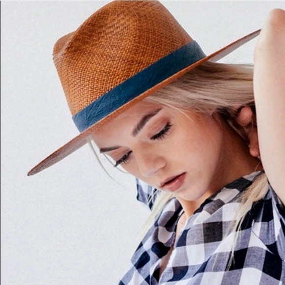 Janessa Leone ‘Panton’ Tan Straw Hat with Navy Blue Lamb Leather Band